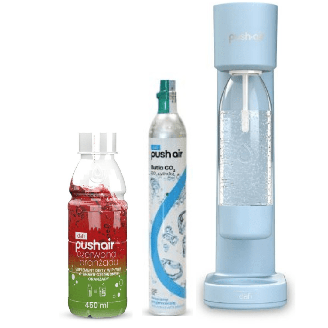 PUSHAIR Dafi saturatore d'acqua colore azzurro + Bombola di CO₂ + Bottiglia da 0,7 l + Sciroppo di aranciata rossa 450 ml