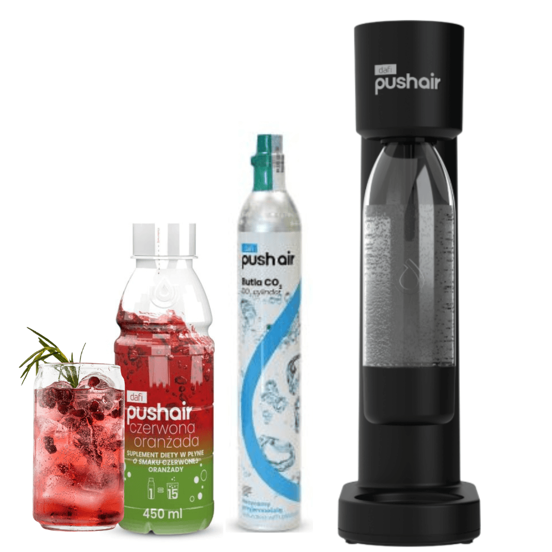 PUSHAIR Dafi saturatore d'acqua nero + bombola di CO₂ + bottiglia da 0,7 l + sciroppo di aranciata rossa 450 ml