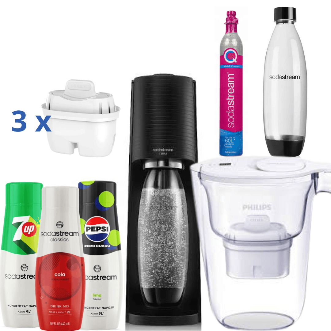 3 Sciroppi + Caraffa filtrante da 2,6 L Bianca + Saturatore SodaStream