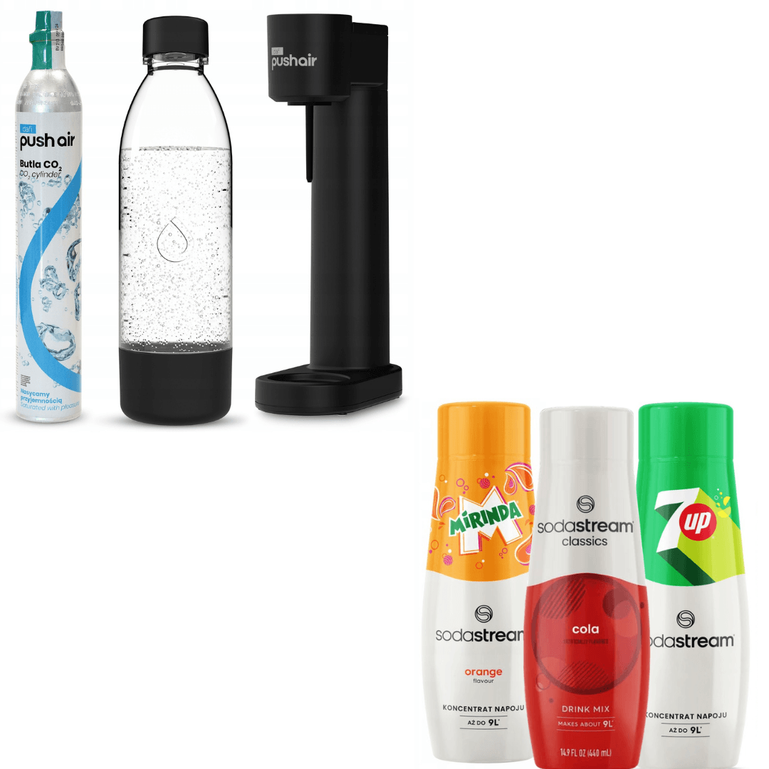 Dafi PUSHAIR saturatore d'acqua nero sifone + cartuccia di CO2 + bottiglia da 0,7 L + 3 x sciroppi