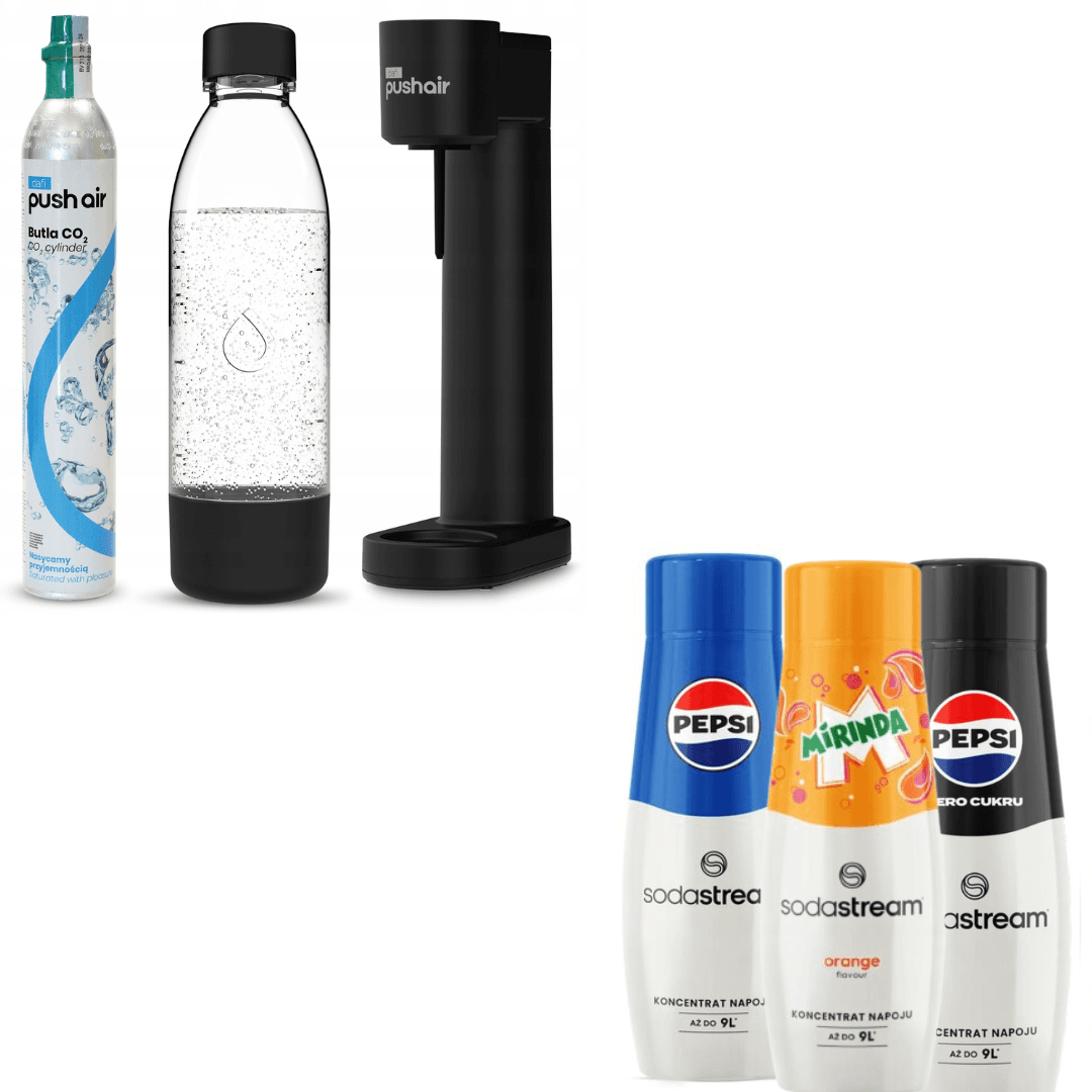 3 x sciroppi + saturatore d'acqua Dafi PUSHAIR nero con sifone + cartuccia di CO₂ + bottiglia da 0,7 L