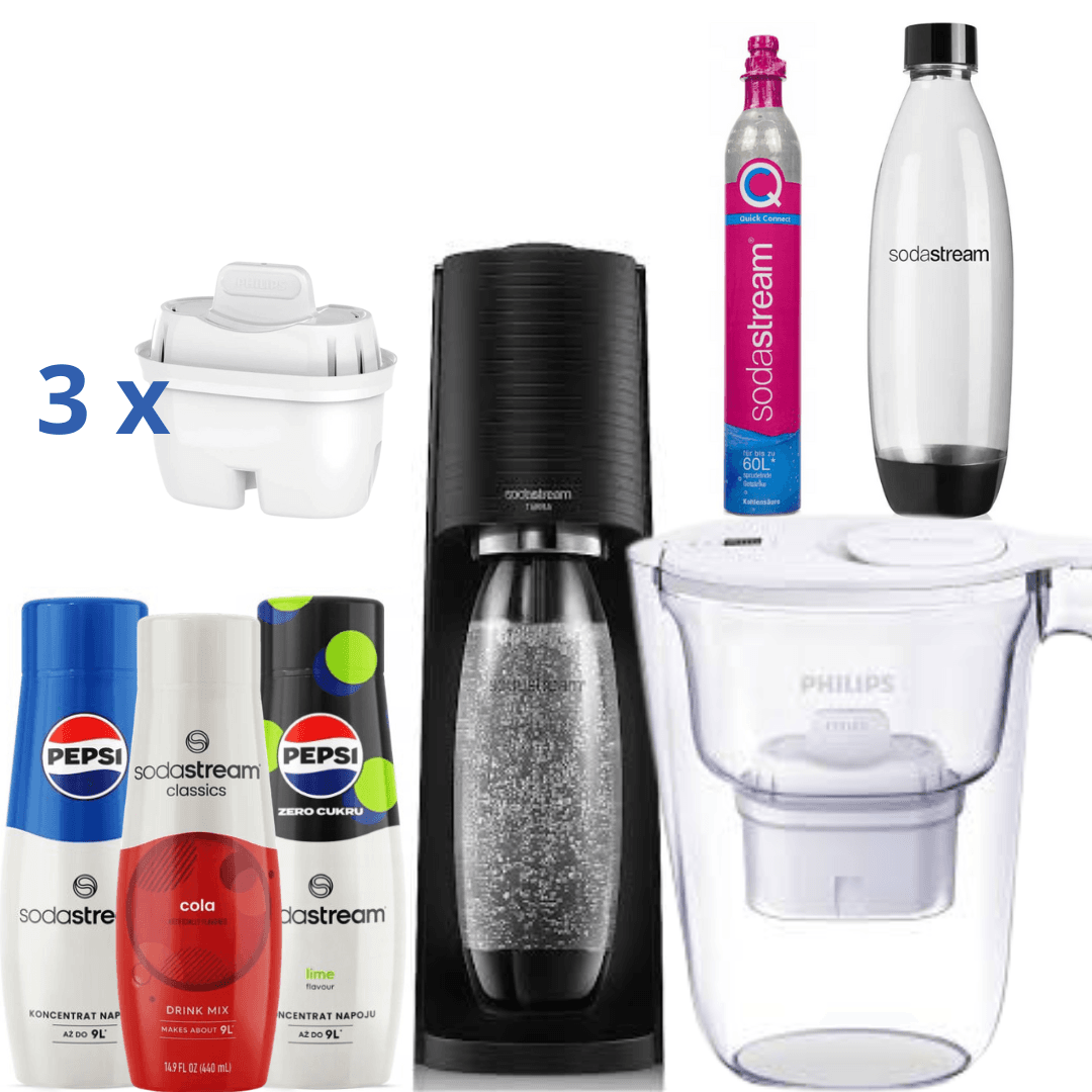 Gasatore SodaStream + Caraffa filtrante 2,6 L Bianca + 3 Sciroppi