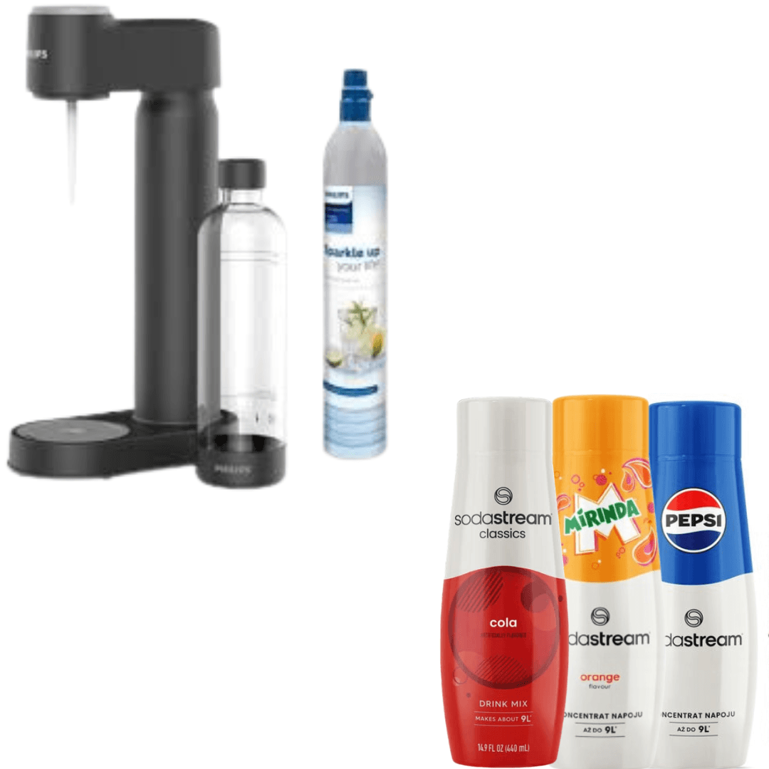 Philips Gasatore, con cartuccia di CO₂, Nero + 3 sciroppi SodaStream