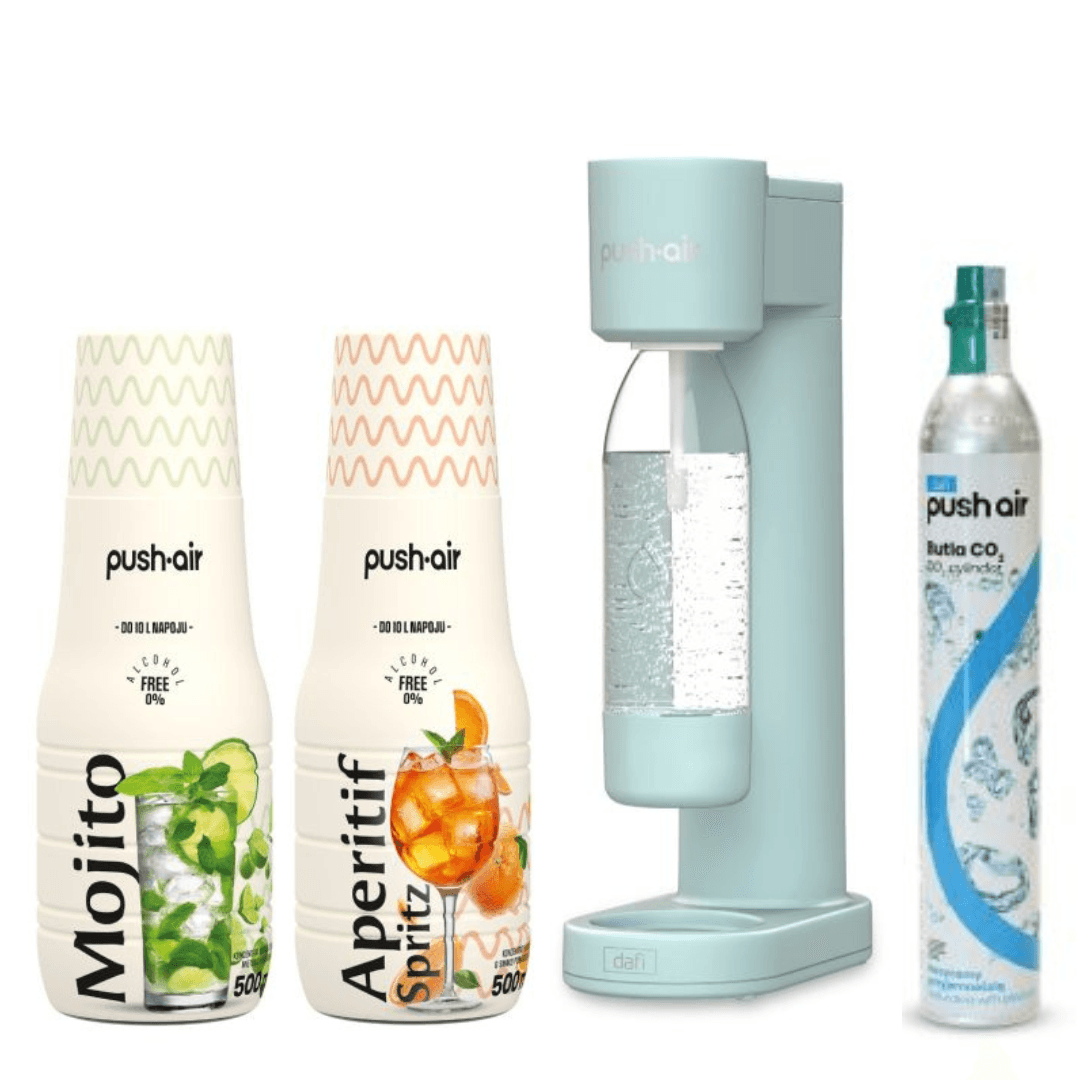 Saturatore d'acqua PUSHAIR Dafi siphon menta + cartuccia CO + bottiglia 0,7 + 2 sciroppi