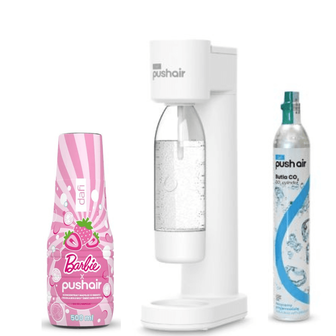 Saturatore d'acqua Dafi PUSHAIR siphon bianco + cartuccia CO + bottiglia 0,7 + sciroppo d'acqua PUSHAIR BARBIE 500 ml