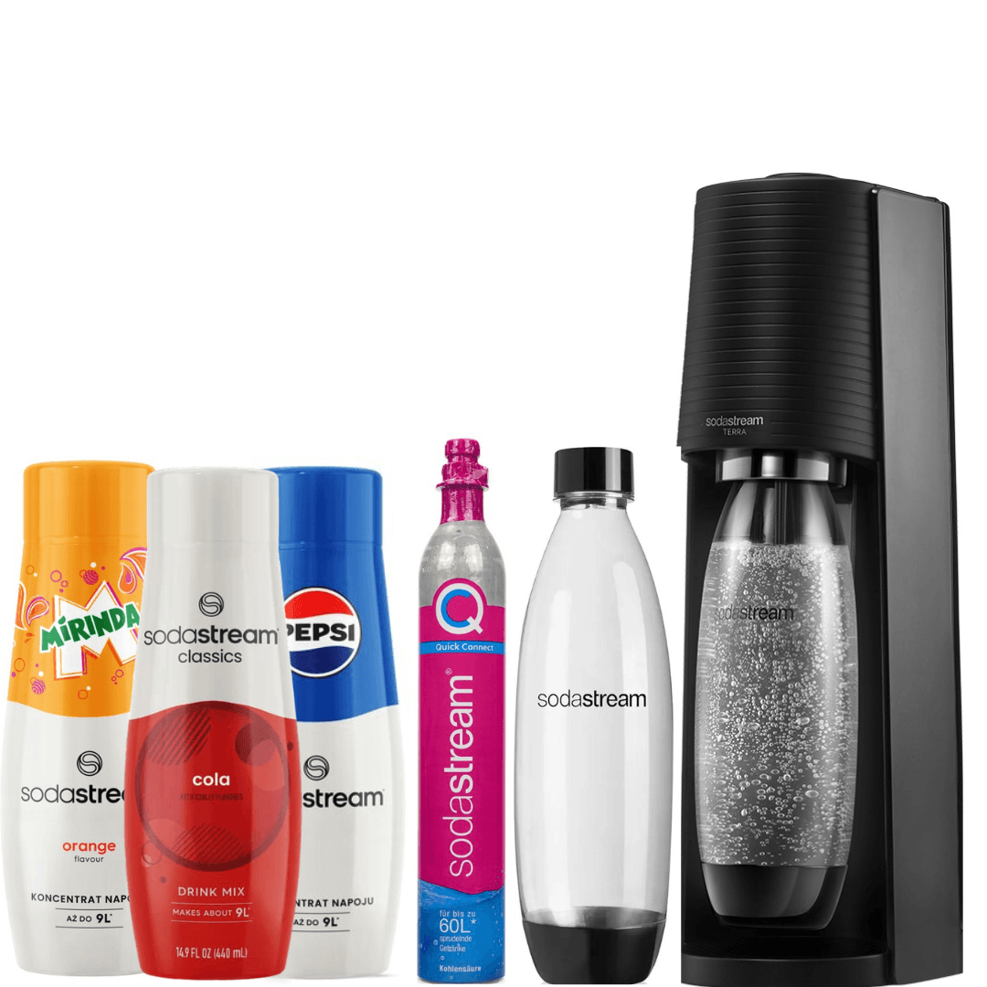SodaStream Set Saturatore Terra Nero + 2 Bottiglie Fuse 1L + 3 X Sciroppi
