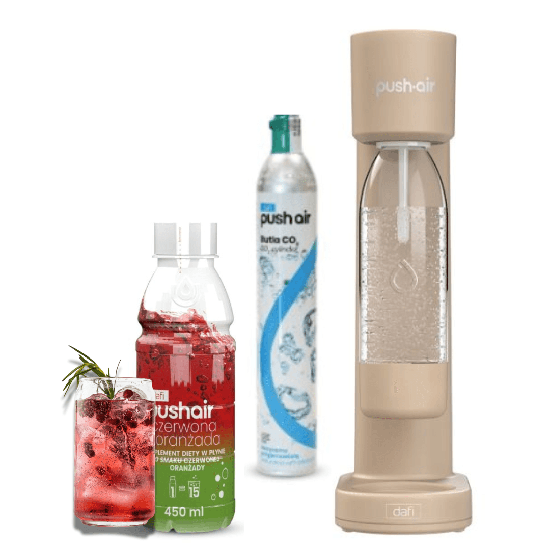 PUSHAIR Dafi saturatore d'acqua color cappuccino + bombola di CO₂ + bottiglia da 0,7 l + sciroppo di aranciata rossa 450 ml