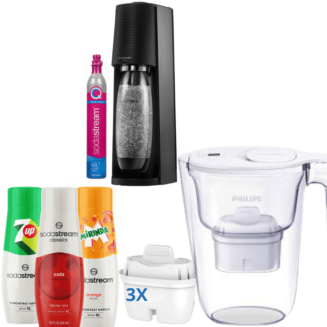 Gasatore GAIA Black + Caraffa filtrante Philips 2,6 L bianca + 3 x Sciroppi