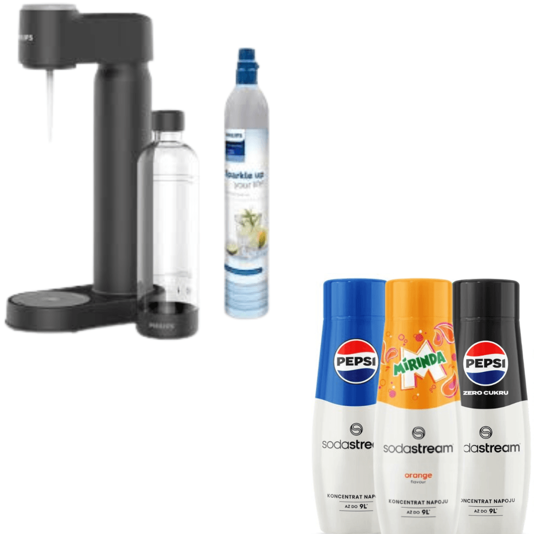 Gasatore Philips, con cartuccia di CO₂, Nero + 3 sciroppi SodaStream