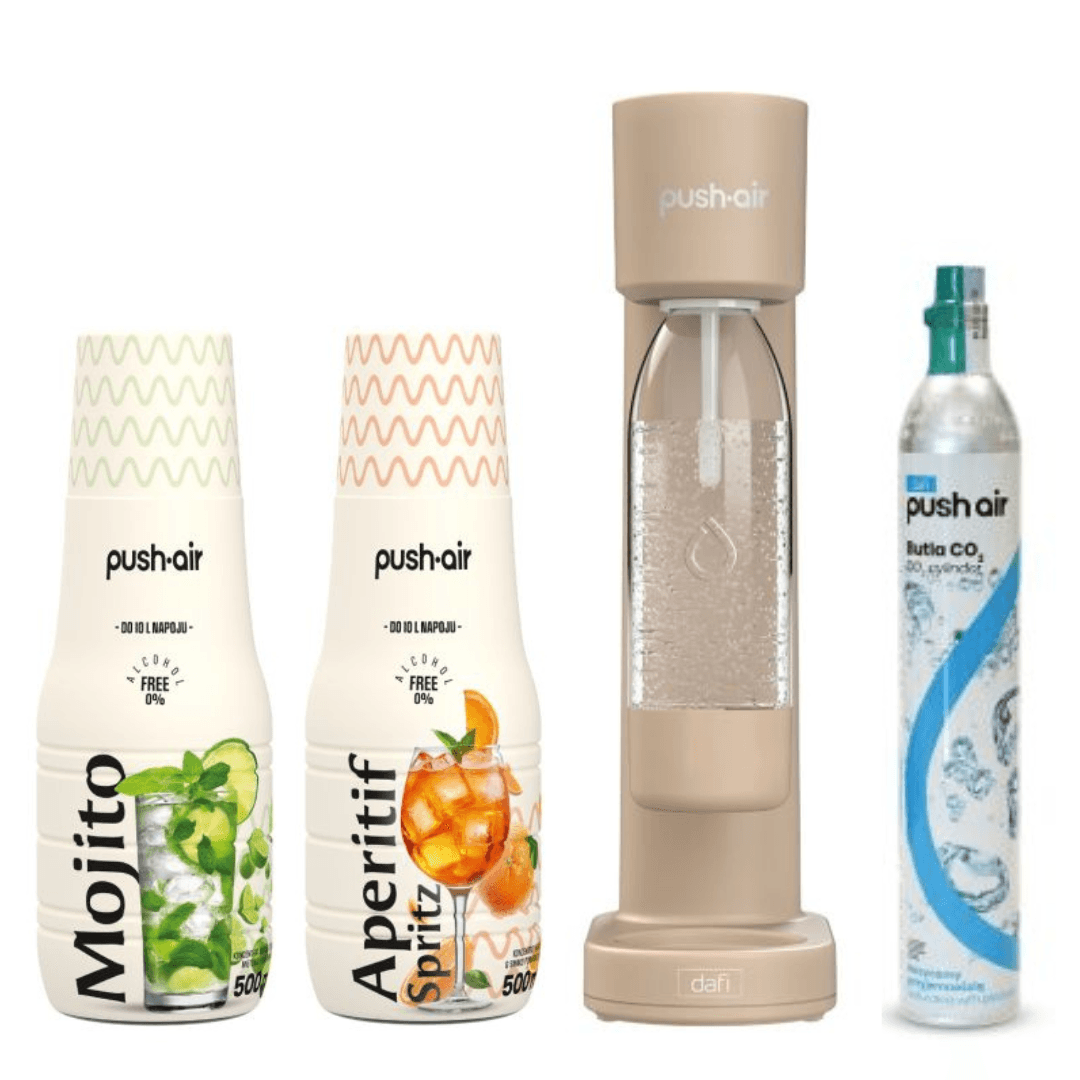 Saturatore d’acqua PUSHAIR Dafi Cappuccino + Cartuccia CO₂ + Bottiglia 0,7 l + 2 sciroppi