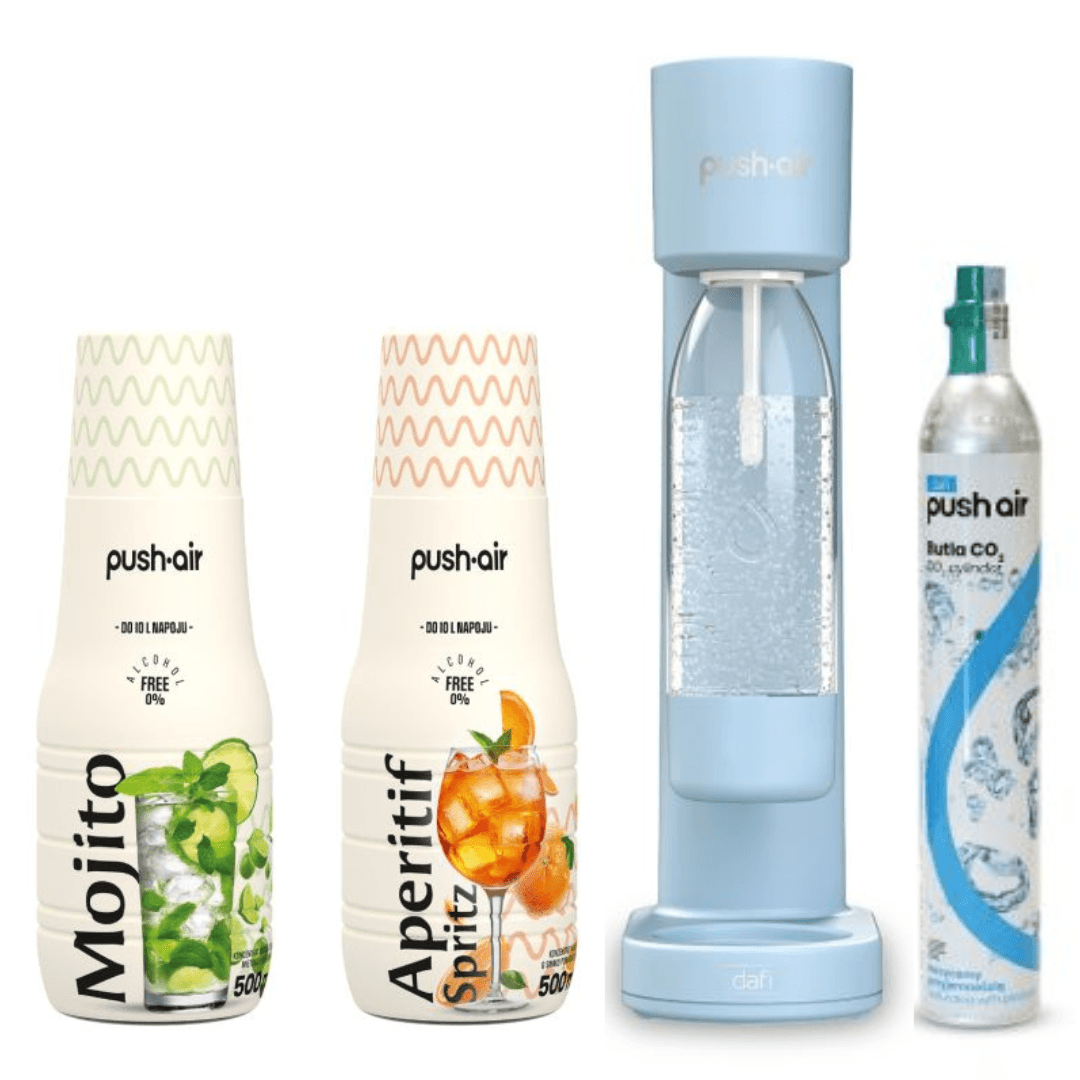Saturatore d'acqua PUSHAIR Dafi azzurro + cartuccia CO + bottiglia 0,7 + 2 sciroppi