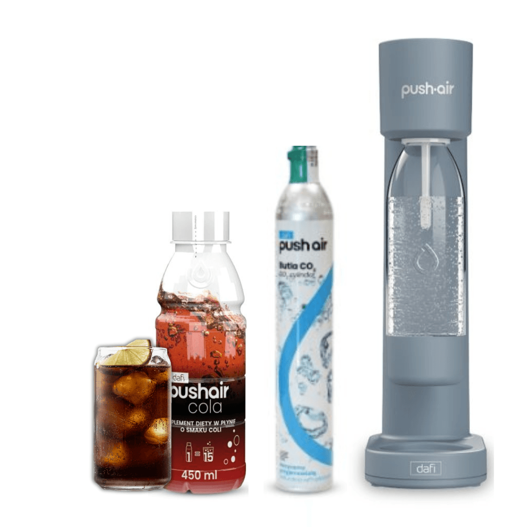 PUSHAIR Dafi Saturatore d'acqua ACCIAIO + Cartuccia CO2 + Bottiglia 0,7 L + Sciroppo Cola 450 ml
