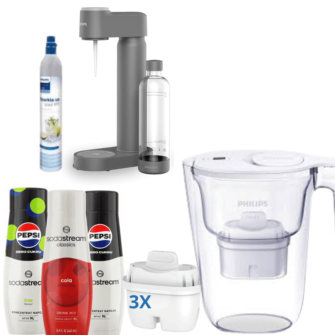 Gasatore Philips Lite con cartuccia di CO₂, grigio + 3 sciroppi + caraffa filtrante Philips