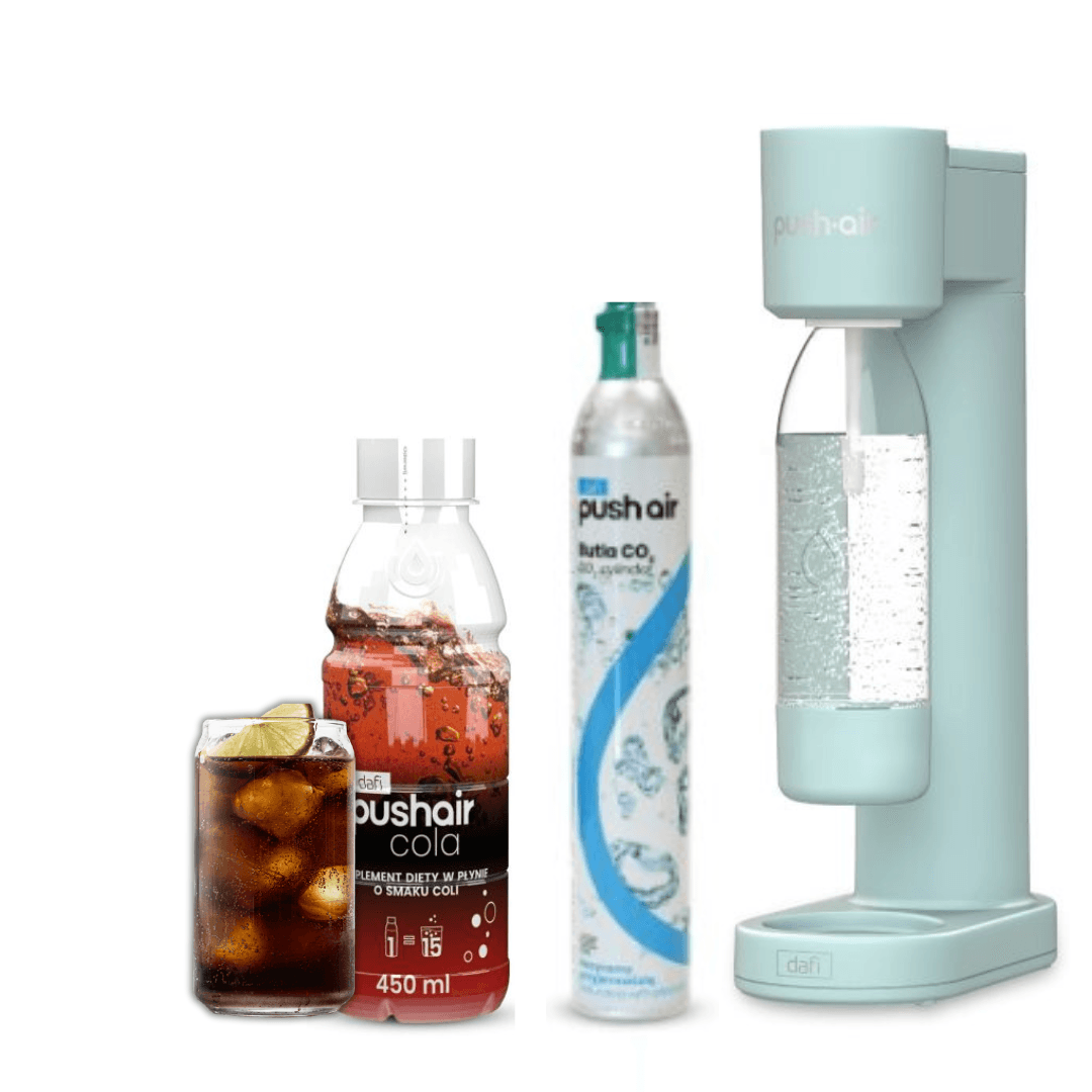 PUSHAIR Dafi Saturatore d'acqua MENTA + Cartuccia CO2 + Bottiglia 0.7 L + Sciroppo Cola 450 ml