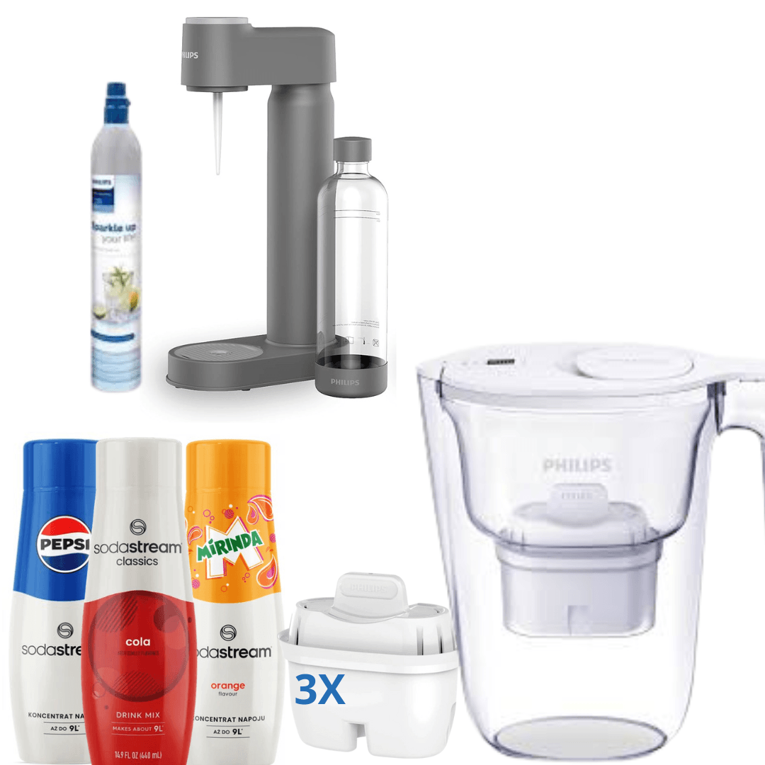 Philips Lite Soda Maker con cartuccia di CO₂, grigio + 3 sciroppi + Caraffa filtrante Philips 2,6 L con timer