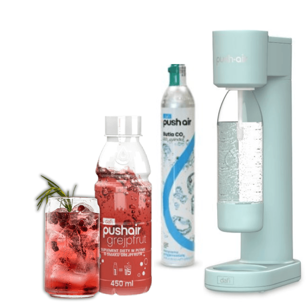 PUSHAIR Dafi saturatore d'acqua MENTA + cartuccia CO₂ + bottiglia 0,7 l + sciroppo pompelmo 450 ml