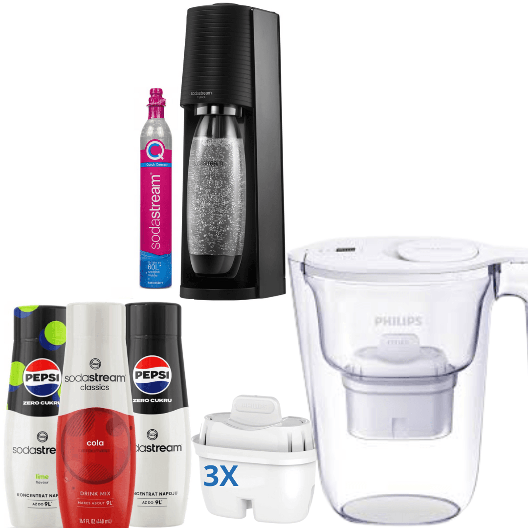 3 x Sciroppi + Macchina per soda GAIA Nero + Brocca Filtrante Philips