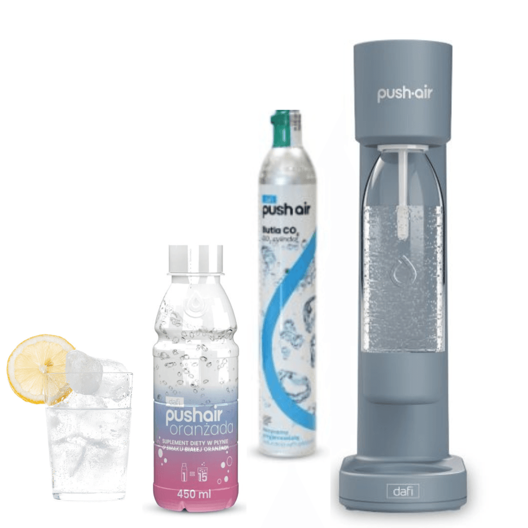 PUSHAIR Dafi saturatore d'acqua acciaio + bombola di CO + bottiglia 0,7 l + sciroppo di arancia bianca 450 ml