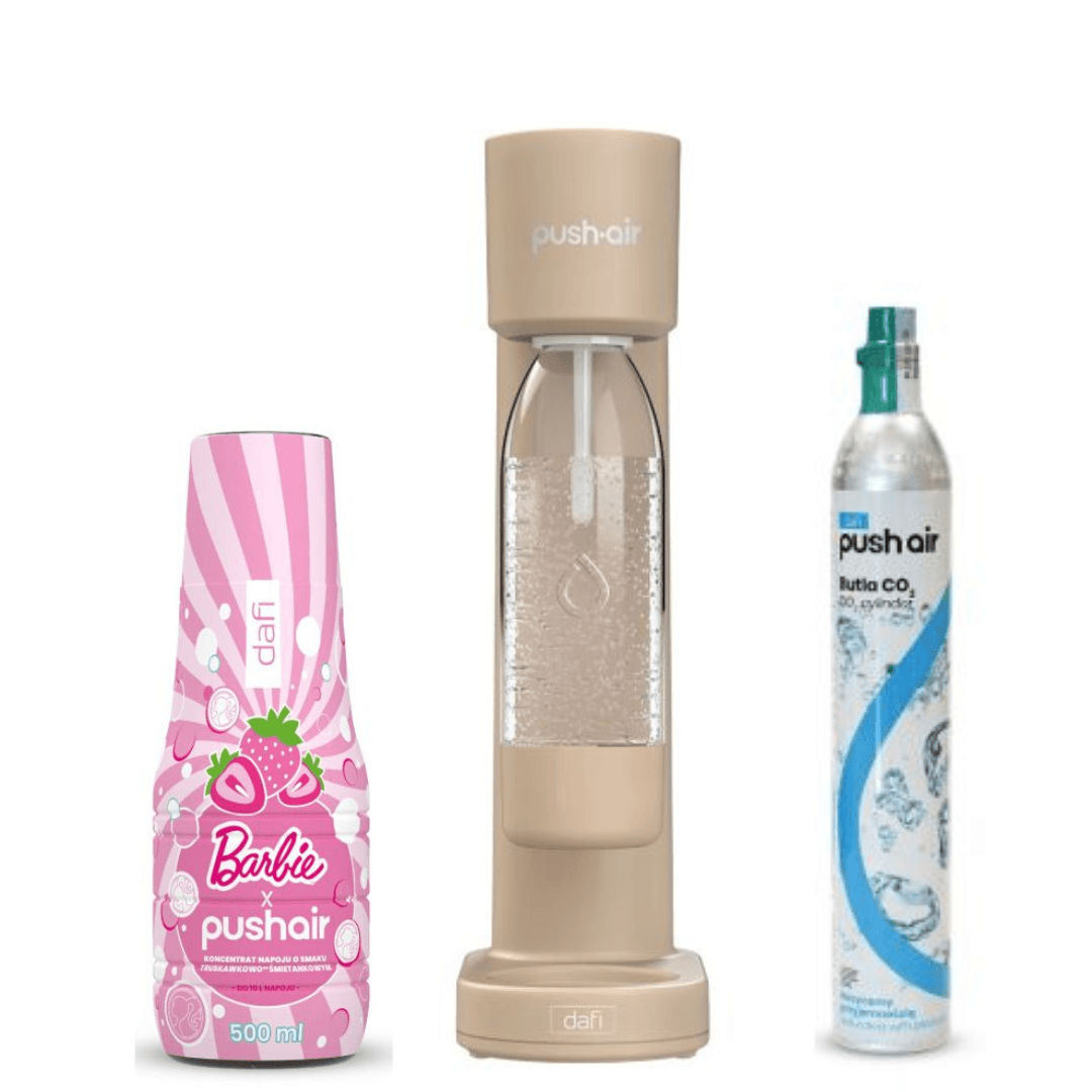 Dafi PUSHAIR Gasatore d'acqua Cappuccino Sifone + Cartuccia CO₂ + Bottiglia 0,7 L + Sciroppo d'acqua PUSHAIR BARBIE 500 ml