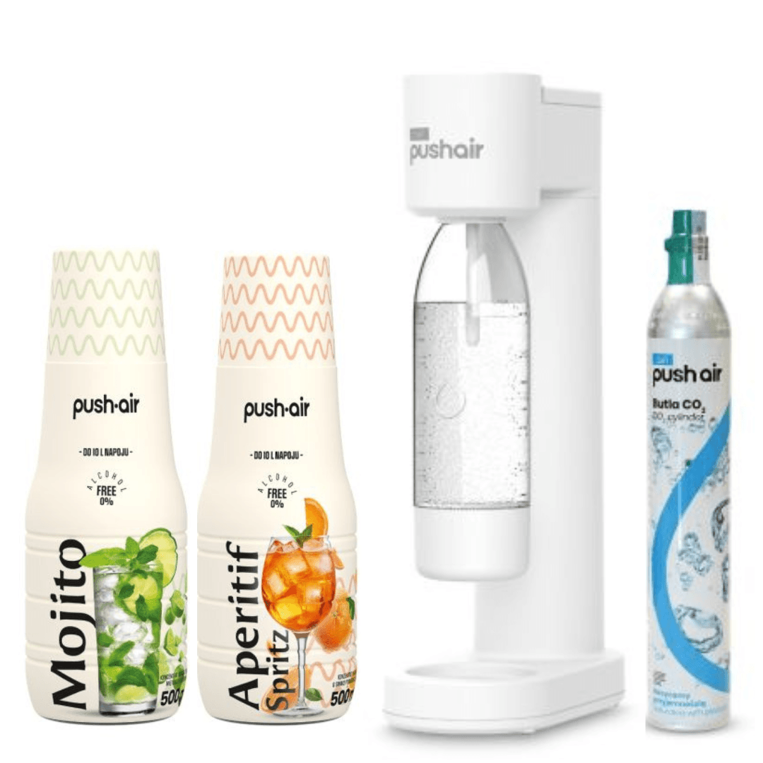Saturatore d’acqua PUSHAIR Dafi Bianco + Cartuccia CO₂ + Bottiglia 0,7 l + 2 Sciroppi