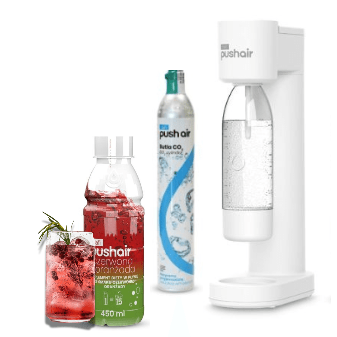 PUSHAIR Dafi saturatore d'acqua BIANCO + bombola di CO₂ + bottiglia 0,7 l + sciroppo di aranciata rossa 450 ml