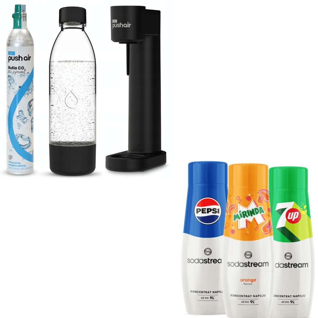 Saturatore d'acqua PUSHAIR nero con sifone + cartuccia di CO₂ + bottiglia da 0,7 L + 3 x sciroppi