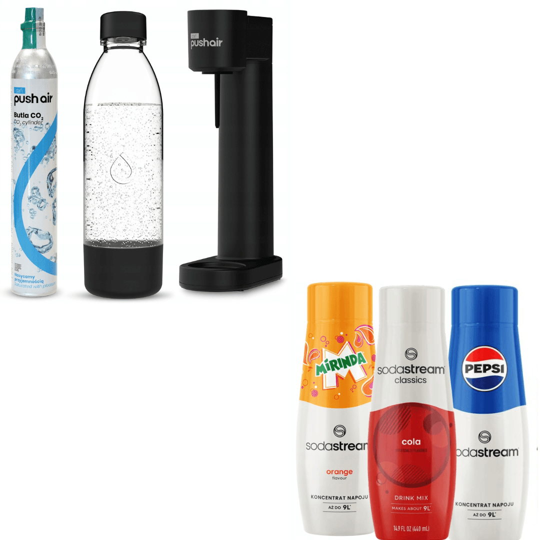 Saturatore d'acqua Dafi PUSHAIR nero + bottiglia da 0,7 L + cartuccia di CO₂ + 3 x sciroppi