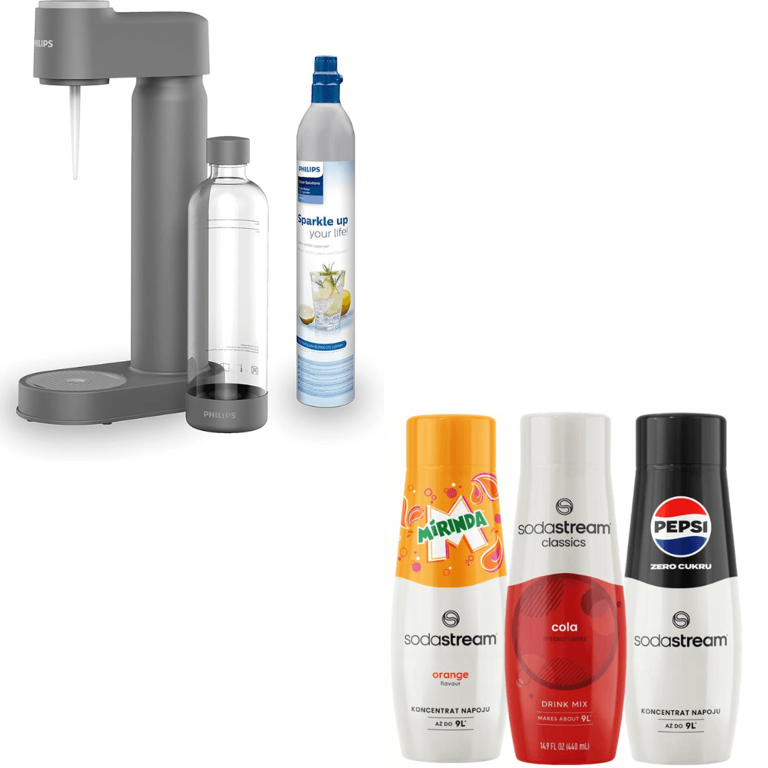 Philips gasatore d’acqua frizzante, con bomboletta di CO2, grigio + 3 x sciroppi