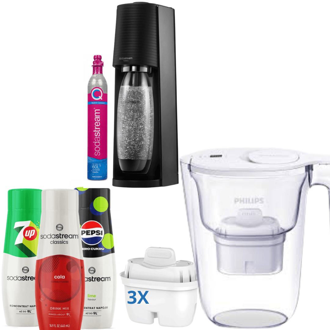 Gasatore GAIA Nero + 3 Sciroppi + Caraffa filtrante Philips 2,6L Bianca