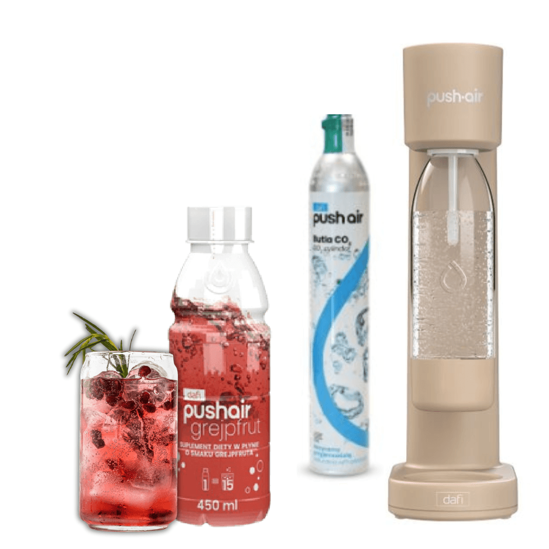PUSHAIR Dafi saturatore d'acqua CAPPUCCINO + cartuccia CO₂ + bottiglia 0,7 L + sciroppo pompelmo 450 ml