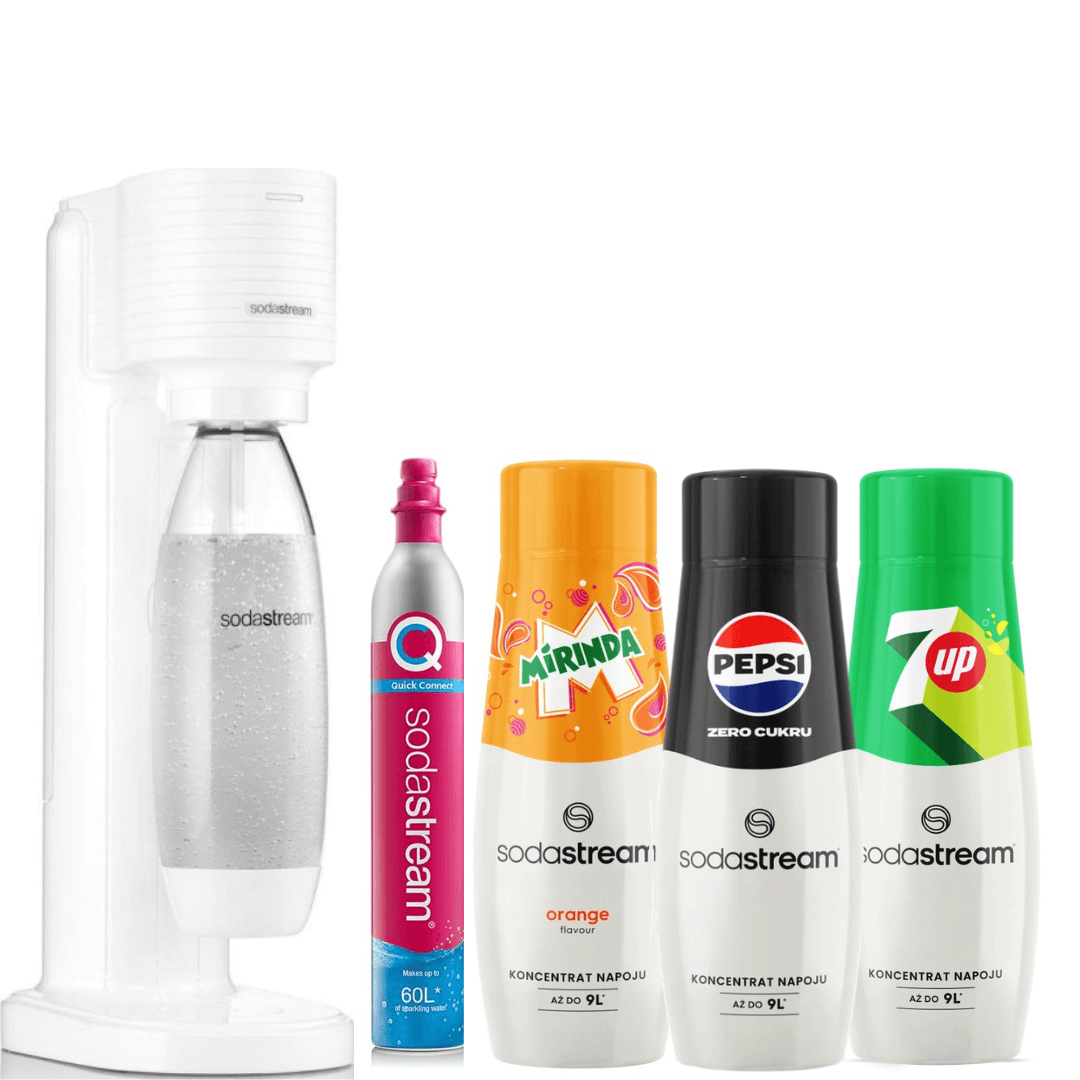 3 sciroppi SodaStream + Macchina per acqua frizzante GAIA White