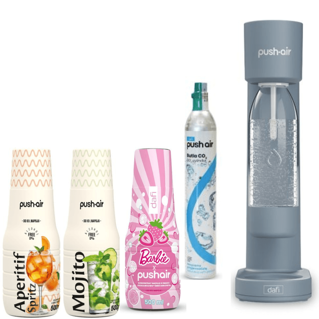 PUSHAIR Dafi Saturatore d'acqua acciaio + Cartuccia CO₂ + Bottiglia 0,7 L + 3 sciroppi Dafi