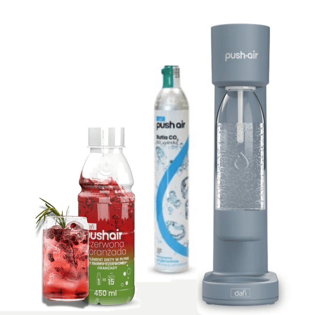 PUSHAIR Dafi saturatore d'acqua acciaio + bombola di CO₂ + bottiglia 0,7 L + sciroppo di aranciata rossa 450 ml