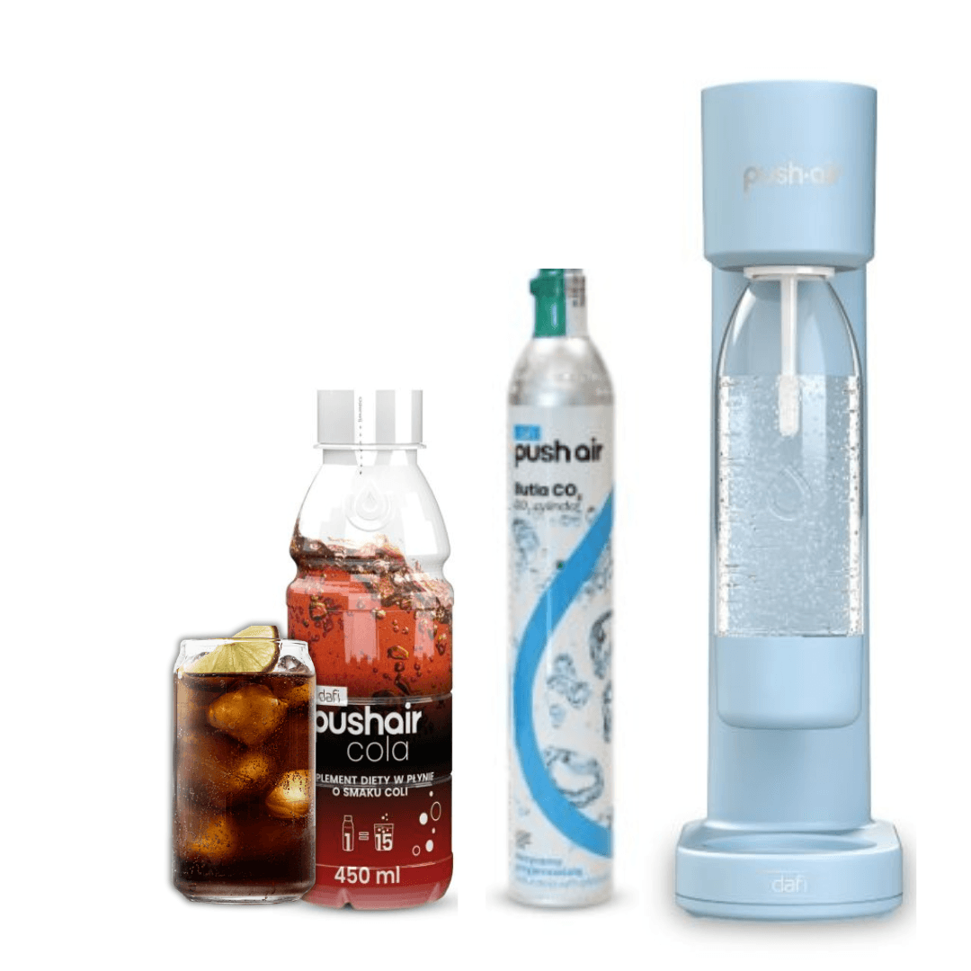 PUSHAIR Dafi Saturatore d'acqua AZZURRO + Cartuccia CO2 + Bottiglia 0,7 L + Sciroppo Cola 450 ml