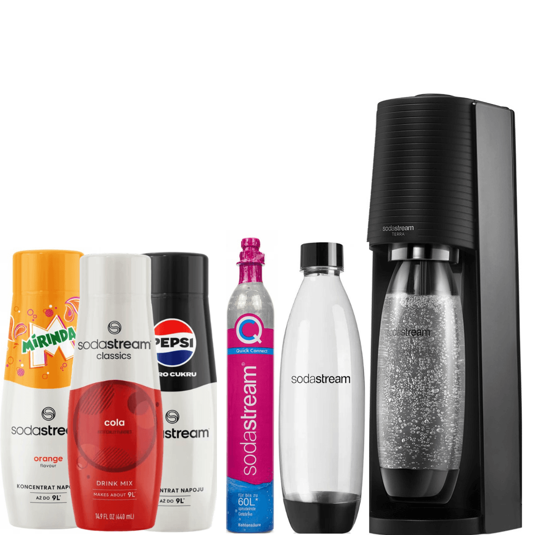 SodaStream Set Saturatore Terra Nero + 2 Bottiglie Fuse 1L + 3 X Sciroppi