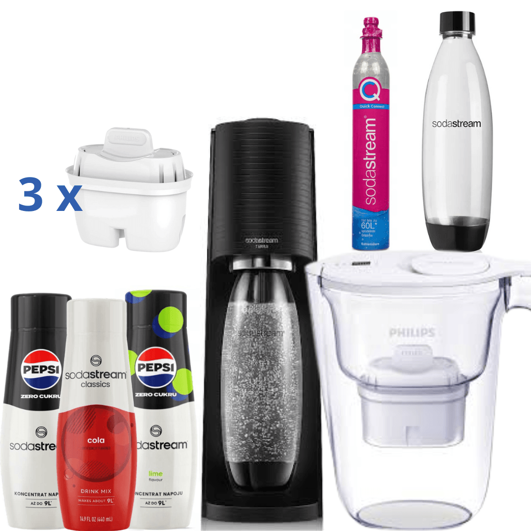Brocca Filtrante 2,6L Bianca + Saturatore SodaStream + 3 Sciroppi