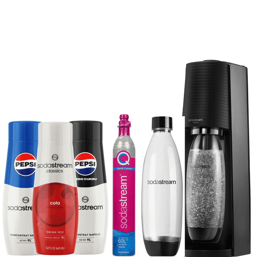 SodaStream Set Saturatore Terra Nero + 2 Bottiglie Fuse 1L + 3 X Sciroppi